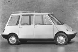 Vista lateral del HfG Dreirädriges Kleintaxi (1963), prototipo experimental de taxi urbano diseñado en la Escuela de Ulm