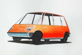 Boceto original del HfG Dreirädriges Kleintaxi realizado durante el desarrollo del proyecto en la Escuela de Ulm