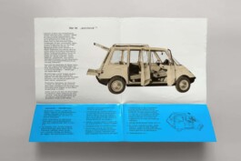 Interior del folleto original del autonova fam, con una vista del vehículo y la explicación de su planteamiento conceptual y técnico